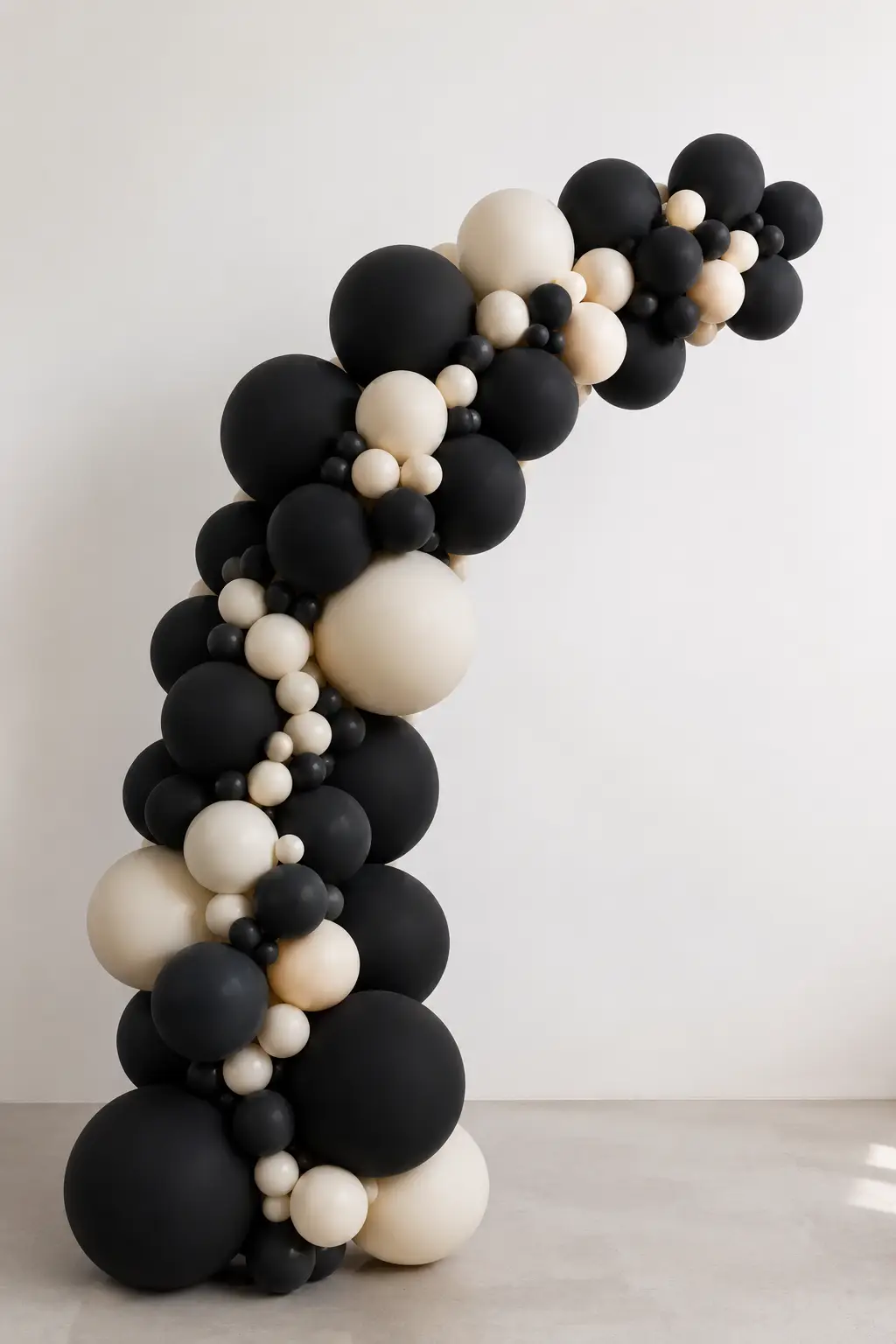 Moderne Balloninstallation in Schwarz und Ivory von Santal Design München für exklusive Firmenevents, Fashion Events, private Feiern und luxuriöse Veranstaltungen.